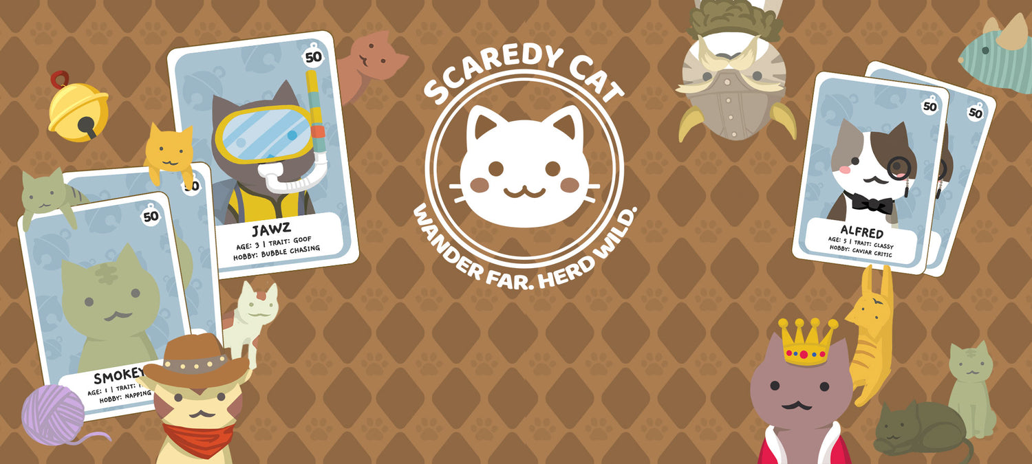 Card game with cartoon cat characters on a brown patterned background, featuring the brand 'Scaredy Cat'.