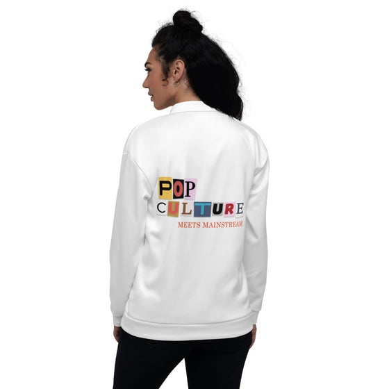 White bomber jacket with the Narrative Retail logo on front and a graphic letter cutout that says POP CULTURE MEETS MAINSTREAM on back