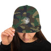 Camo baseball hat with logo of a man's face behind the moon