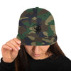 Camo baseball hat with logo of a man's face behind the moon