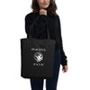 Black tote bag that says PEACEFUL PATH with a man's face behind the moon