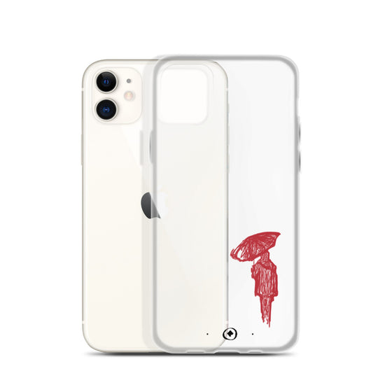 Graphic clear phone case of a sketched woman with umbrella walking away