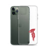 Graphic clear phone case of a sketched woman with umbrella walking away
