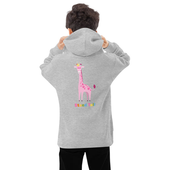 Gray hoodie with a graphic pink giraffe in back that says STAND TALL