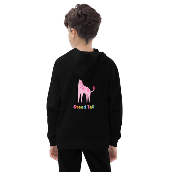Black hoodie with a graphic pink giraffe in back that says STAND TALL