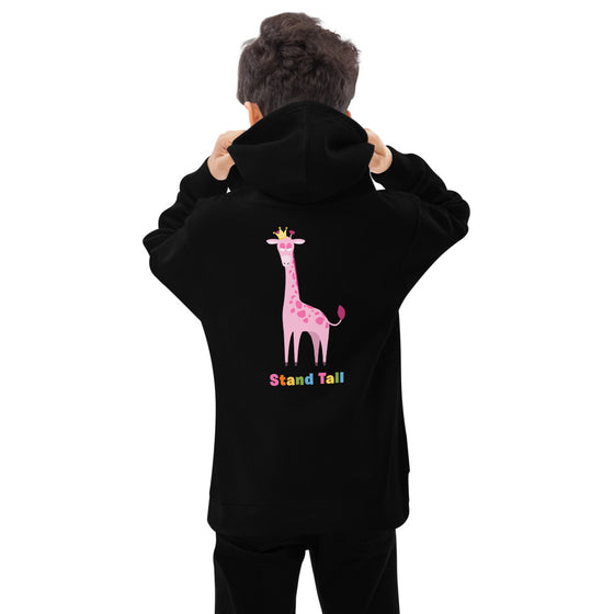 Black hoodie with a graphic pink giraffe in back that says STAND TALL