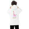 White hoodie with a graphic pink giraffe in back that says STAND TALL