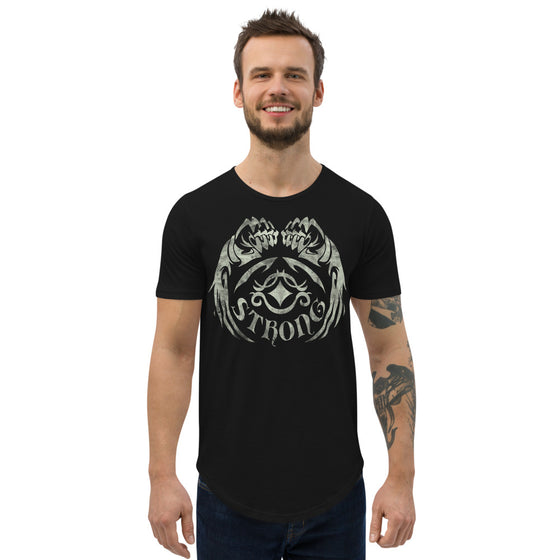 Black curved hem men's shirt with a tattoo graphic of winged fists and the words STRONG