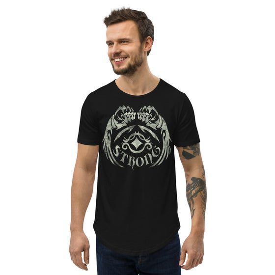 Black curved hem men's shirt with a tattoo graphic of winged fists and the words STRONG