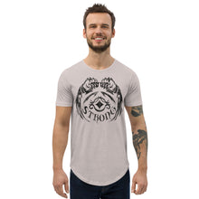  Tan curved hem men's shirt with a tattoo graphic of winged fists and the words STRONG
