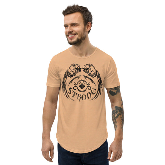 Yellow curved hem men's shirt with a tattoo graphic of winged fists and the words STRONG