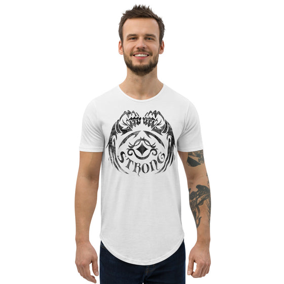 White curved hem men's shirt with a tattoo graphic of winged fists and the words STRONG