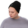 Black graphic beanie with a gray owl behind  amoon