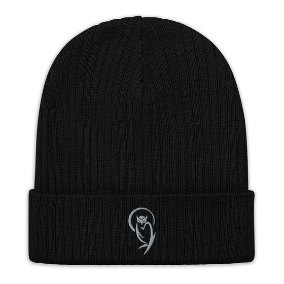 Black graphic beanie with a gray owl behind  amoon