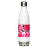 White and silver water bottle with a photograph of a pink wall that says BEAUTIFUL written across.