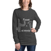 Gray long sleeve graphic shirt of a man secretly taking a photo of a woman with her back turned with FAME = NO PRIVACY