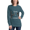 Teal long sleeve graphic shirt of a man secretly taking a photo of a woman with her back turned with FAME = NO PRIVACY