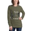 Olive long sleeve graphic shirt of a man secretly taking a photo of a woman with her back turned with FAME = NO PRIVACY