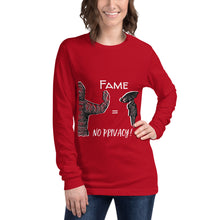  Red long sleeve graphic shirt of a man secretly taking a photo of a woman with her back turned with FAME = NO PRIVACY