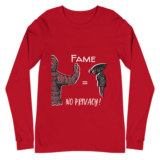 Red long sleeve graphic shirt of a man secretly taking a photo of a woman with her back turned with FAME = NO PRIVACY