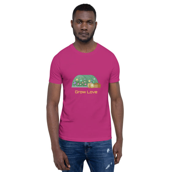 Colored graphic shirt of a greenhouse that says GROW LOVE