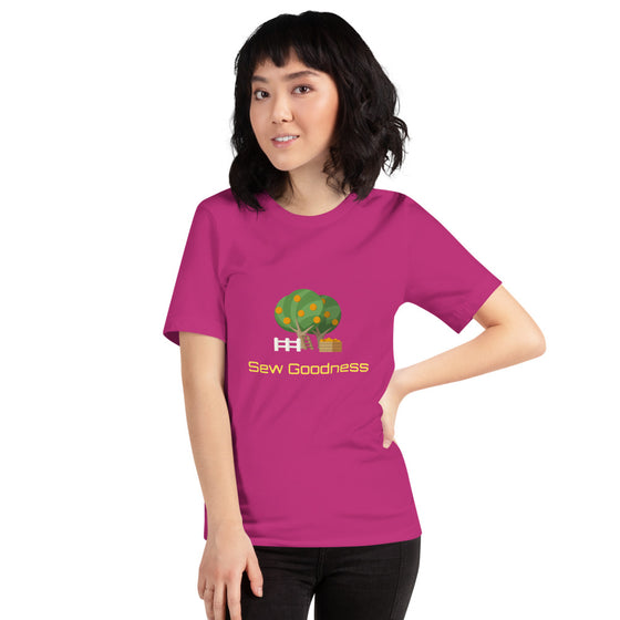Colored graphic shirt of orchard that says SEW GOODNESS