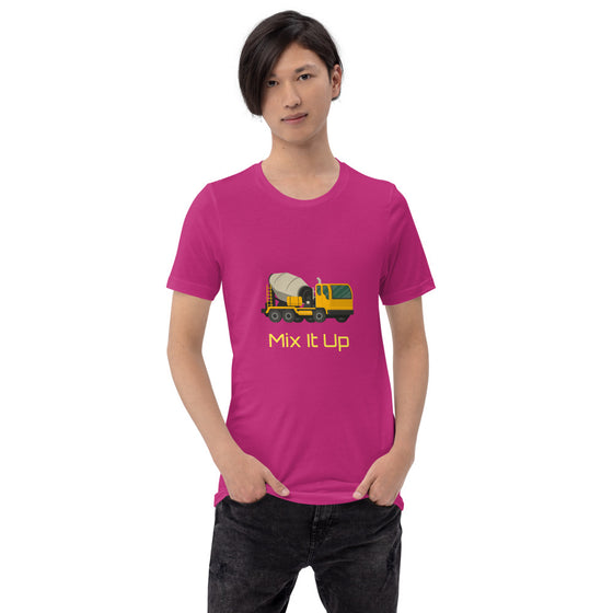 Colored graphic shirt of a cement truck that says MIX IT UP