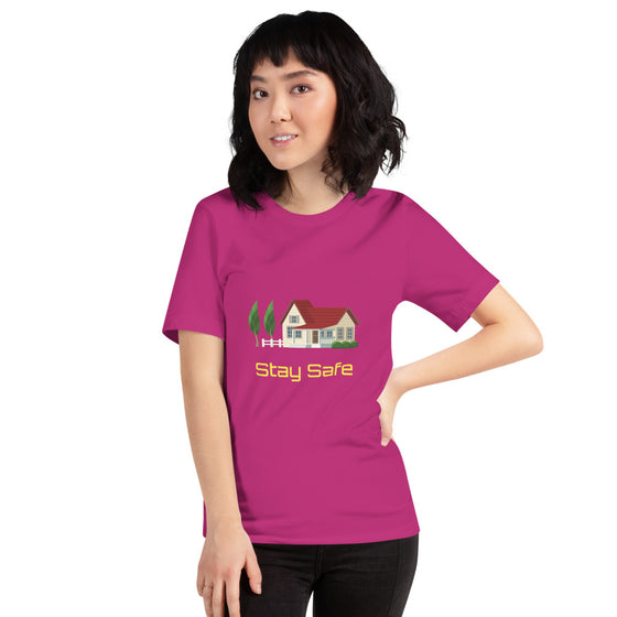 Colored graphic shirt of a farm house with the text STAY SAFE