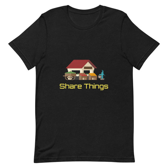 Graphic colored shirt of a farm stand with the text SHARE THINGS