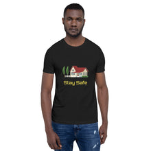  Colored graphic shirt of a farm house with the text STAY SAFE
