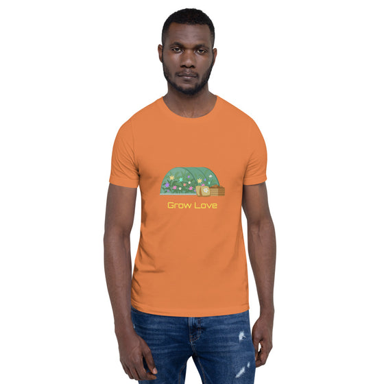 Colored graphic shirt of a greenhouse that says GROW LOVE