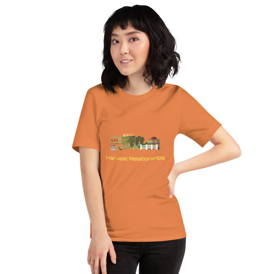 colored graphic shirt of garden that says HARVEST RELATIONSHIPS