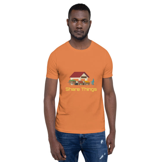 Graphic colored shirt of a farm stand with the text SHARE THINGS