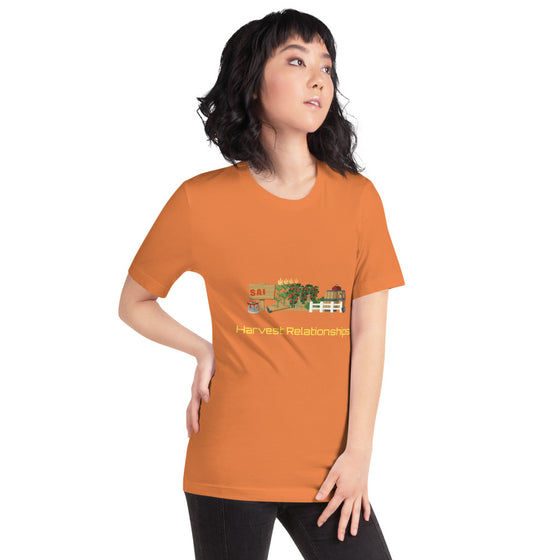 colored graphic shirt of garden that says HARVEST RELATIONSHIPS