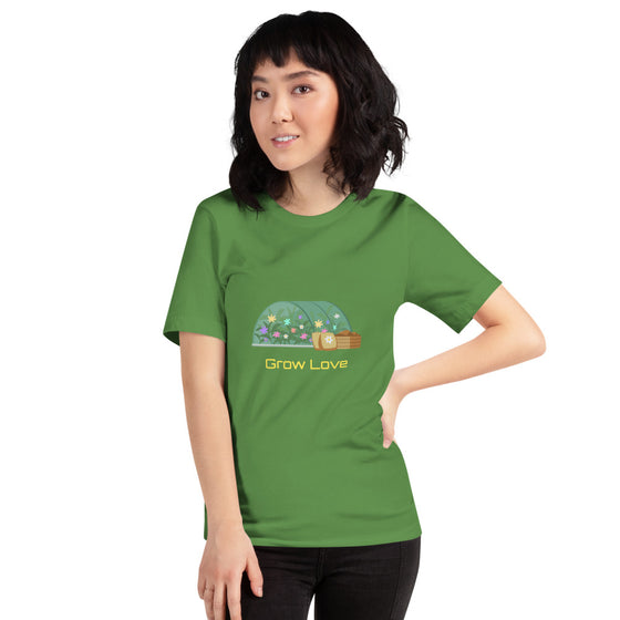 Colored graphic shirt of a greenhouse that says GROW LOVE