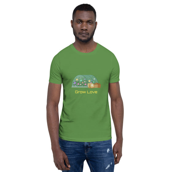 Colored graphic shirt of a greenhouse that says GROW LOVE