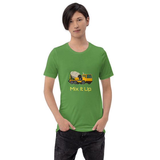 Colored graphic shirt of a cement truck that says MIX IT UP