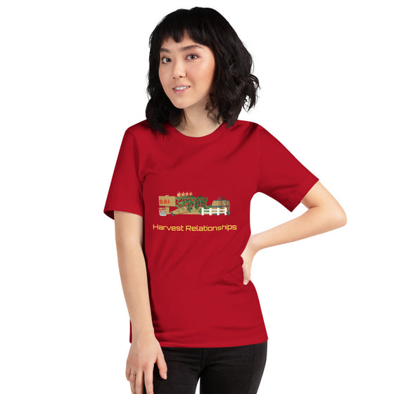 colored graphic shirt of garden that says HARVEST RELATIONSHIPS