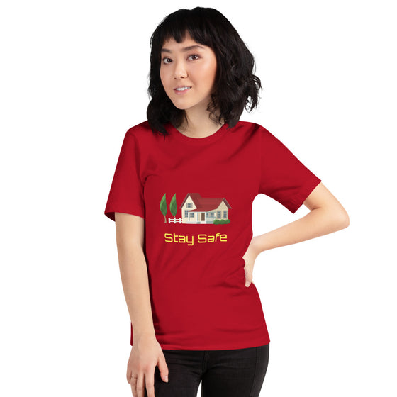 Colored graphic shirt of a farm house with the text STAY SAFE