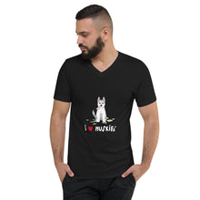  Black v-neck graphic shirt of a husky with the text I LOVE HUSKIES