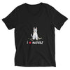 Black v-neck graphic shirt of a husky with the text I LOVE HUSKIES