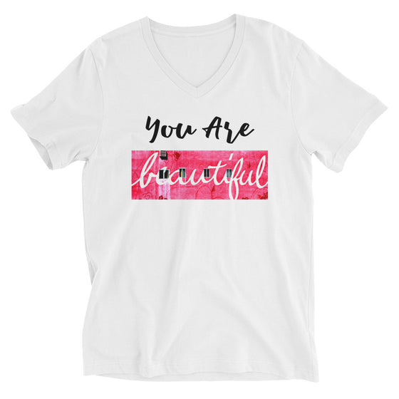 White graphic v-neck shirt with a photograph of YOU ARE BEAUTIFUL 