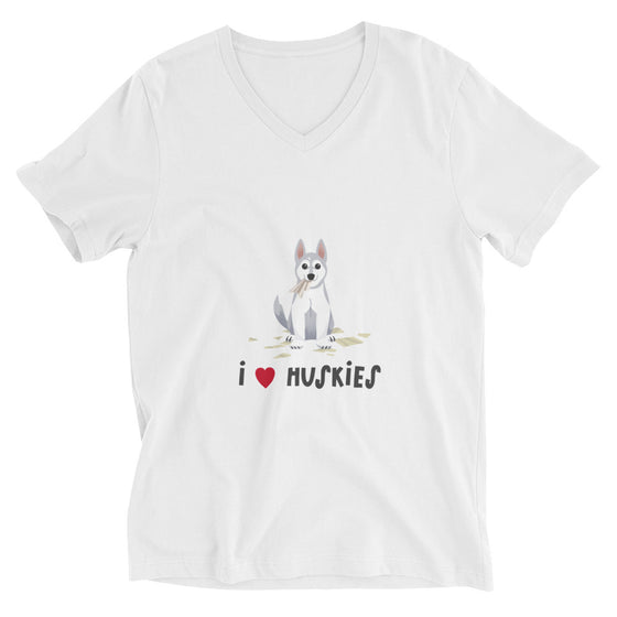 White v-neck graphic shirt of a husky with the text I LOVE HUSKIES