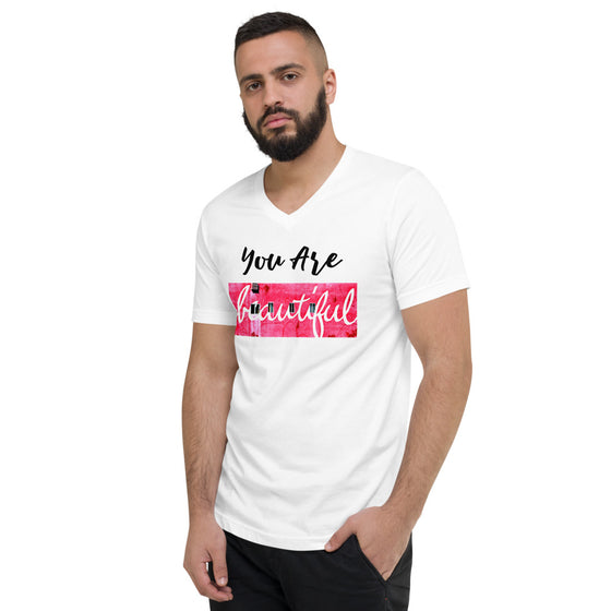 White graphic v-neck shirt with a photograph of YOU ARE BEAUTIFUL 