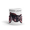 White mug with a red motorcycle that says SPEED JUNKY