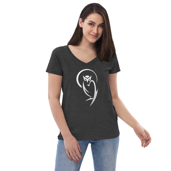 Black v-neck women's shirt with a white owl