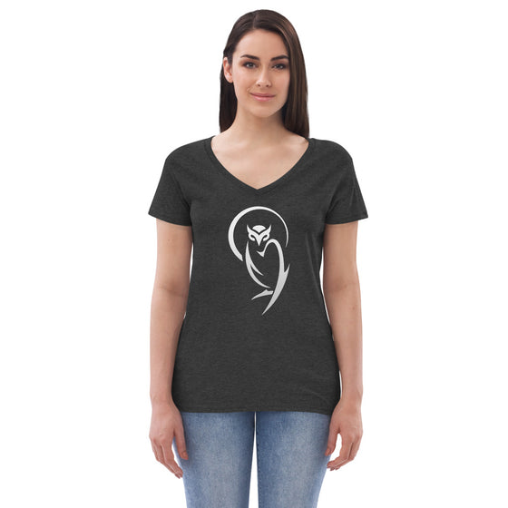 Black v-neck women's shirt with a white owl