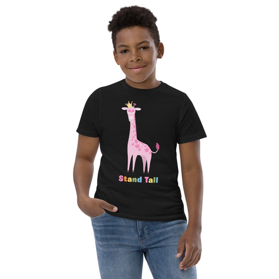 Black kid's shirt of a snooty pink giraffe that says STAND TALL