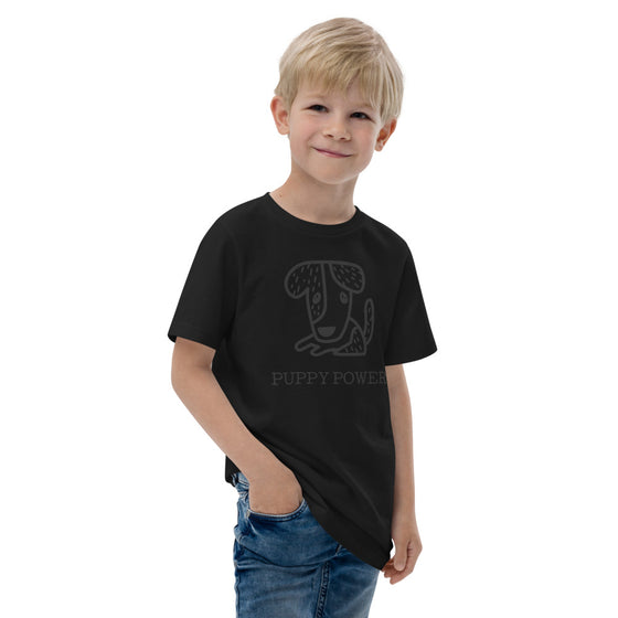 Black kid's graphic shirt of a dog that says PUPPY POWER