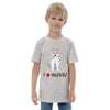 Grey graphic kid's shirt of a husky that says I love huskies.